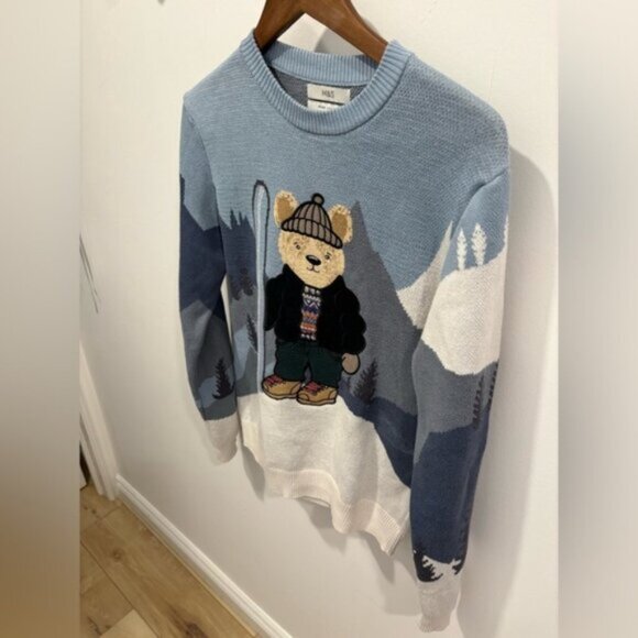 NWOT-Marks & Spencer BEAR Christmas Jumper, Blue mix - Picture 2 of 7